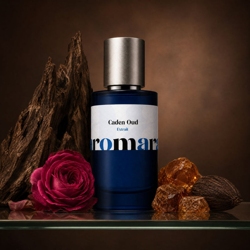 Caden Oud perfume bottle with raw oud wood, pink rose, amber resin and dark musk pod, pure oud dupe by Aromara