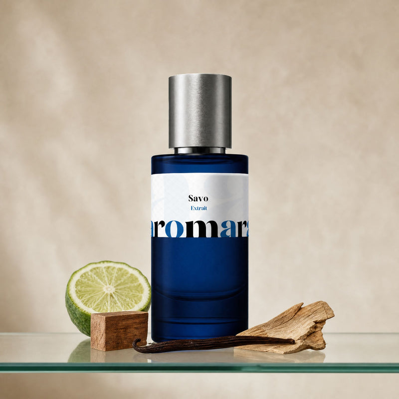 Aromara Savo Extrait perfume bottle on glass shelf with bergamot, cedarwood block, vanilla pod and sandalwood on soft warm beige background