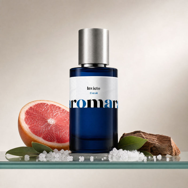 Invicto perfume bottle with grapefruit, sea salt, bay leaves and guaiac wood, fresh aquatic sport dupe by Aromara