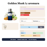 Golden Musk by Aromara fragrance profile card: musky, powdery, animalic accords; notes of Musk; 10 hour longevity, Enormous sillage; 35% Extrait, 100,000+ bottles sold, free UK shipping.