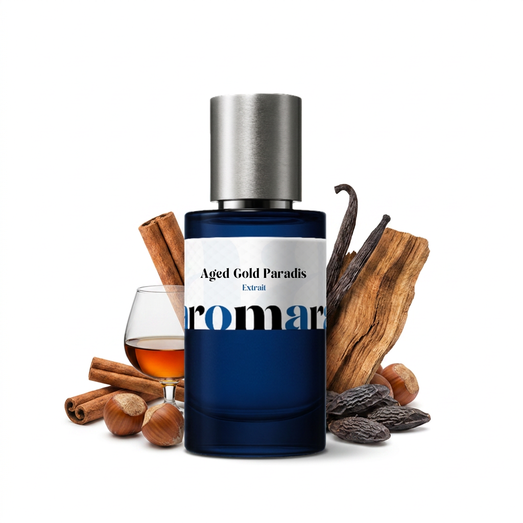 Aged Gold Paradis 35% Extrait perfume by Aromara, inspired by Kilian Angel's Share Paradis. Cognac, cinnamon, hazelnut, tonka, vanilla, oak. UK-made dupe, 7+ hour wear.