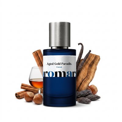 Aged Gold Paradis 35% Extrait perfume by Aromara, inspired by Kilian Angel's Share Paradis. Cognac, cinnamon, hazelnut, tonka, vanilla, oak. UK-made dupe, 7+ hour wear.