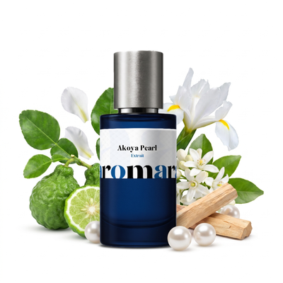 Akoya Pearl 35% Extrait perfume by Aromara, inspired by Gissah Akoya. Bergamot, white florals, iris, sandalwood, musk. UK-made dupe, 7+ hour wear.