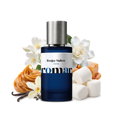 Boujee Mallow 35% Extrait perfume by Aromara, inspired by Kayali Yum Boujee Marshmallow. Marshmallow, vanilla, caramel, white florals, musk. UK-made dupe, 7+ hour wear.