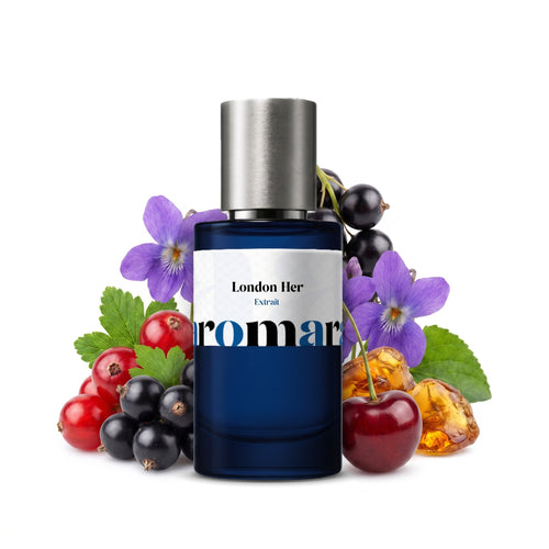 London Her 35% Extrait perfume by Aromara, inspired by Burberry Her. Red berries, blackcurrant, cherry, violet, jasmine, amber, musk. UK-made dupe, 7+ hour wear.