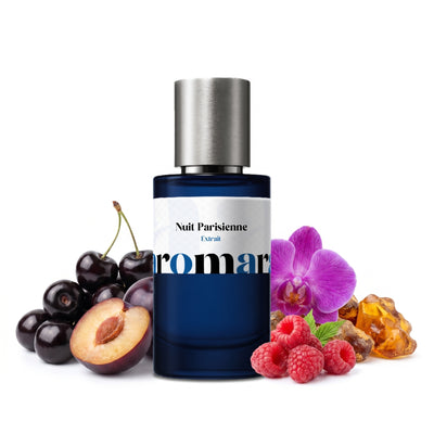 Nuit Parisienne 35% Extrait perfume by Aromara, inspired by Maison Asrar Night in Paris. Black cherry, plum, raspberry, freesia, orchid, amber, vanilla. UK-made dupe, 7+ hour wear.