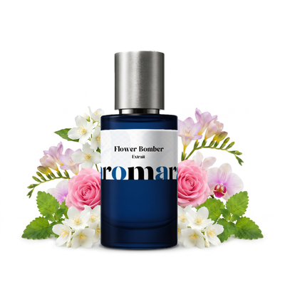 Flower Bomber 35% Extrait perfume by Aromara, inspired by Viktor & Rolf Flowerbomb. Jasmine, orange blossom, freesia, rose, orchid, patchouli, musk. UK-made dupe, 7+ hour wear.