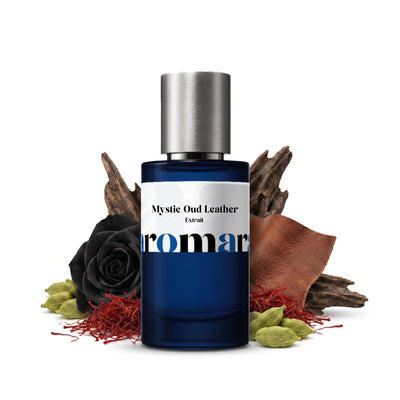 Mystic Oud Leather 35% Extrait perfume by Aromara, inspired by Penhaligon's Halfeti Leather. Bergamot, lavender, black rose, saffron, leather, oud, amber. UK-made dupe, 7+ hour wear.