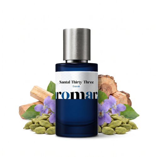 Santal Thirty Three 35% Extrait perfume by Aromara, inspired by Le Labo Santal 33. Cardamom, violet, iris, sandalwood, cedar, leather. UK-made dupe, 7+ hour wear.