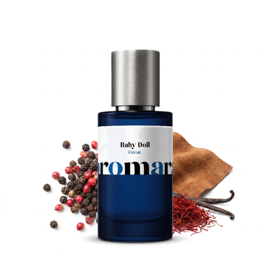 Baby Doll 35% Extrait perfume by Aromara, inspired by Yves Saint Laurent Baby Cat. Black pepper, pink pepper, saffron, frankincense, vanilla, suede. UK-made dupe, 7+ hour wear.