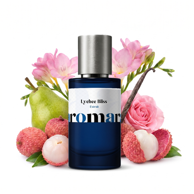 Lychee Bliss 35% Extrait perfume by Aromara, inspired by Kayali Eden Sparkling Lychee. Lychee, pear, bergamot, freesia, rose, vanilla, amberwood. UK-made dupe, 7+ hour wear.