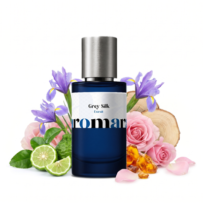 Grey Silk 35% Extrait perfume by Aromara, inspired by BDK Parfums Gris Charnel Extrait. Bergamot, iris, rose, amber, woods, musk. UK-made dupe, 7+ hour wear.