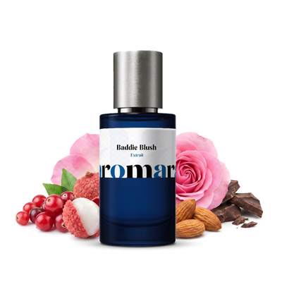 Baddie Blush 35% Extrait perfume by Aromara, inspired by Carolina Herrera Good Girl Blush. Red berries, lychee, rose, almond, tonka, cocoa, musk. UK-made dupe, 7+ hour wear.