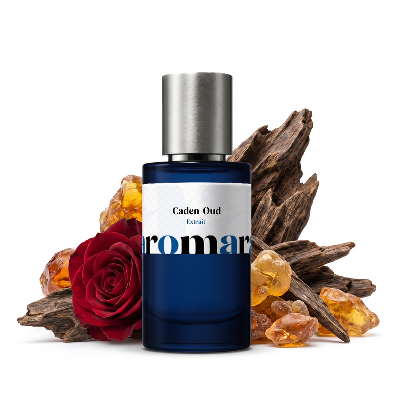Caden Oud 35% Extrait perfume by Aromara, inspired by Oman Luxury Caden. Oud, rose, amber, dark musk. UK-made dupe, 7+ hour wear.