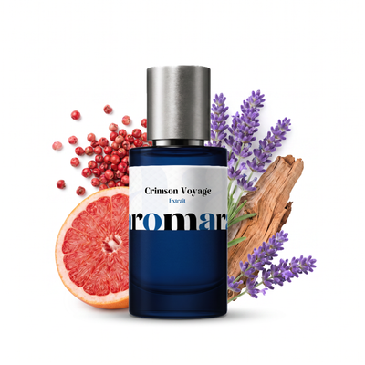 Crimson Voyage 35% Extrait perfume by Aromara, inspired by Dior Rouge Trafalgar. Bergamot, pink pepper, grapefruit, lavender, cedar, patchouli. UK-made dupe, 7+ hour wear.