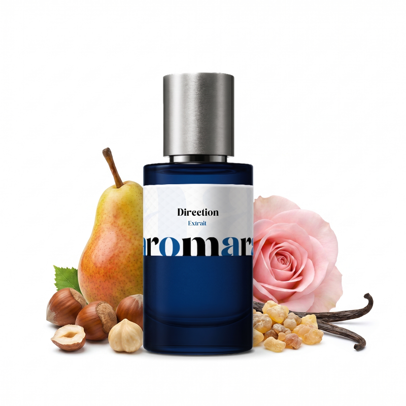 Direction 35% Extrait perfume by Aromara, inspired by Amouage Guidance. Pear, hazelnut, rose, frankincense, jasmine, saffron, vanilla. UK-made dupe, 7+ hour wear.