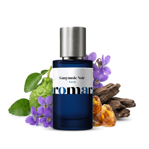 Ganymede Noir 35% Extrait perfume by Aromara, inspired by Marc-Antoine Barrois Ganymede. Bergamot, mandarin, violet, amber, suede, musk. UK-made dupe, 7+ hour wear.