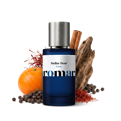 Stellar Hour 35% Extrait perfume by Aromara, inspired by Louis Vuitton Stellar Times. Mandarin, black pepper, saffron, cinnamon, oud, ambergris. UK-made dupe, 7+ hour wear.