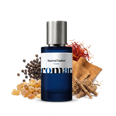 Sacred Ember 35% Extrait perfume by Aromara, inspired by Amouage Purpose. Olibanum, black pepper, bergamot, vetiver, sandalwood, rose, saffron, suede. UK-made dupe, 7+ hour wear.