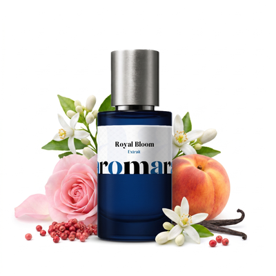Royal Bloom 35% Extrait perfume by Aromara, inspired by Parfums de Marly Valaya. Bergamot, orange blossom, rose, tuberose, peach, musk, vanilla. UK-made dupe, 7+ hour wear.