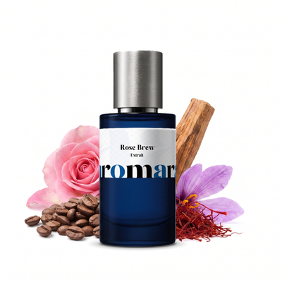 Rose Brew 35% Extrait perfume by Aromara, inspired by Tom Ford Cafe Rose. Saffron, black pepper, damask rose, coffee, patchouli, sandalwood, amber. UK-made dupe, 7+ hour wear.