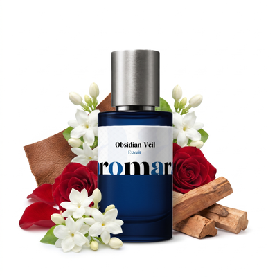Obsidian Veil 35% Extrait perfume by Aromara, inspired by Guerlain Santal Royal. Jasmine, rose, leather, oud, sandalwood. UK-made dupe, 7+ hour wear.