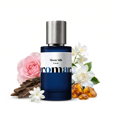 Moon Silk 35% Extrait perfume by Aromara, inspired by Memo Paris Moon Fever. Rose, white florals, oud, amber, creamy musk. UK-made dupe, 7+ hour wear.