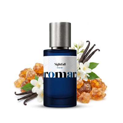 Nightfall 35% Extrait perfume by Aromara, inspired by MFK Grand Soir. Amber, vanilla, jasmine, benzoin, warm musk. UK-made dupe, 7+ hour wear.