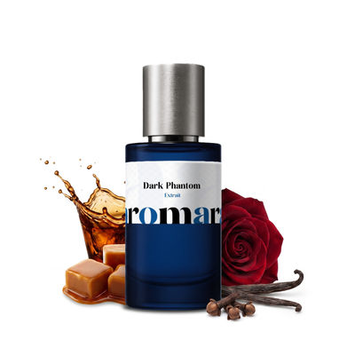 Dark Phantom 35% Extrait perfume by Aromara, inspired by Kilian Black Phantom. Rum, black caramel, rose, vanilla, dark musk. UK-made dupe, 7+ hour wear.