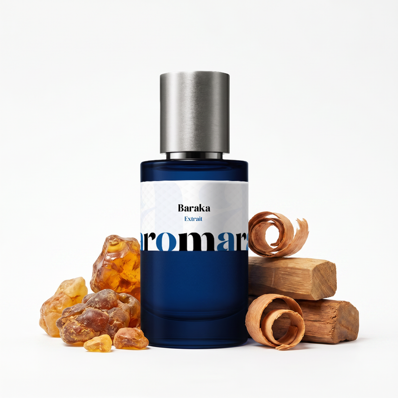 Baraka 35% Extrait perfume by Aromara, inspired by Initio Blessed Baraka. Amber, sandalwood, benzoin, warm woods, musk. UK-made dupe, 7+ hour wear.