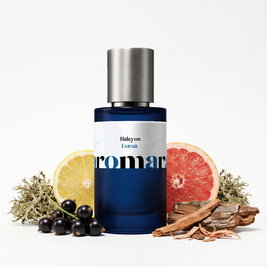 Halcyon 35% Extrait perfume by Aromara, inspired by Roja Parfums Elysium Eau Intense. Lemon, grapefruit, blackcurrant, jasmine, cedarwood, vetiver, oakmoss, musk. UK-made dupe, 7+ hour wear.