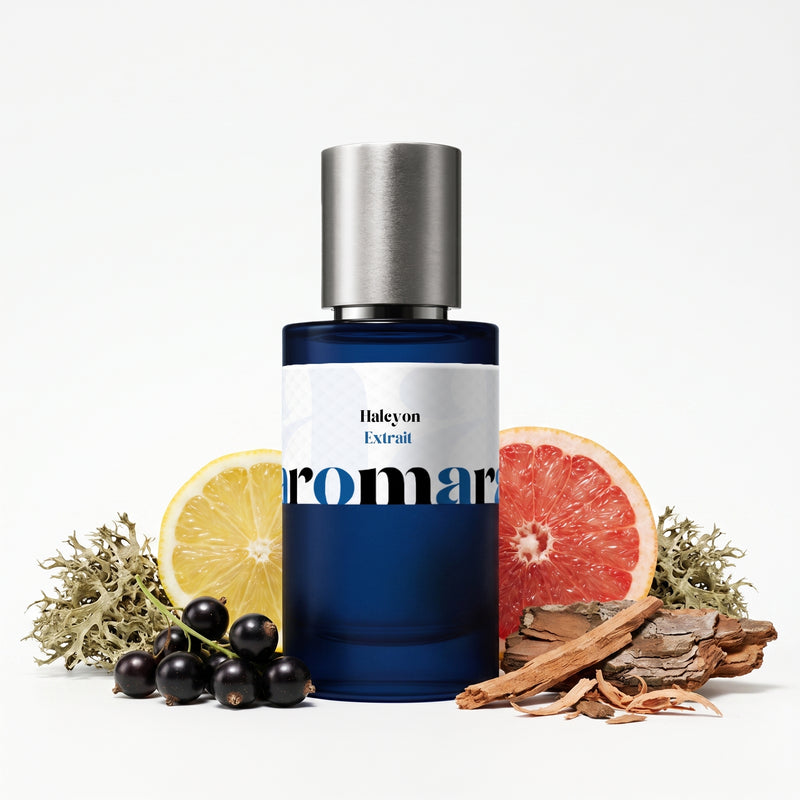 Halcyon 35% Extrait perfume by Aromara, inspired by Roja Parfums Elysium Eau Intense. Lemon, grapefruit, blackcurrant, jasmine, cedarwood, vetiver, oakmoss, musk. UK-made dupe, 7+ hour wear.