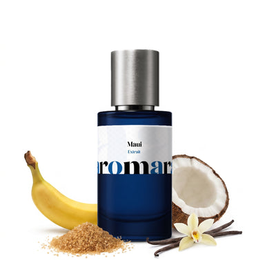 Maui 35% Extrait perfume by Aromara, inspired by Kayali Maui Sweet Banana 37. Banana, brown sugar, coconut milk, pink pepper, vanilla, musk. UK-made dupe, 7+ hour wear.