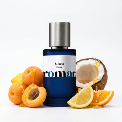 Solana 35% Extrait perfume by Aromara, inspired by Byredo Sundazed. Apricot, citrus, coconut, immortelle, honey, musk. UK-made dupe, 7+ hour wear.