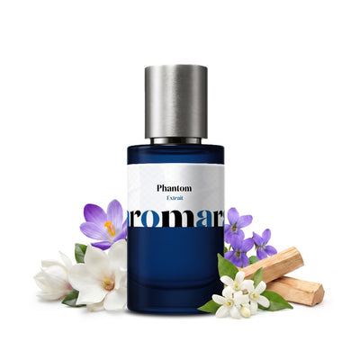 Phantom 35% Extrait perfume by Aromara, inspired by Byredo Mojave Ghost. Ambrette, jasmine, magnolia, violet, sandalwood, cedar, musk. UK-made dupe, 7+ hour wear.