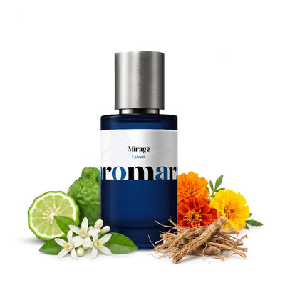 Mirage 35% Extrait perfume by Aromara, inspired by Byredo Bal d'Afrique. Bergamot, lemon, neroli, marigold, violet, vetiver, sandalwood, vanilla. UK-made dupe, 7+ hour wear.
