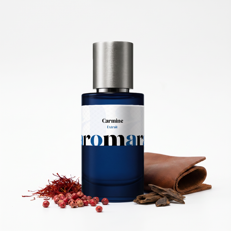 Carmine 35% Extrait perfume by Aromara, inspired by Born to Stand Out Drunk Saffron. Saffron, pink pepper, leather, oud, tonka, sandalwood, amber. UK-made dupe, 7+ hour wear.