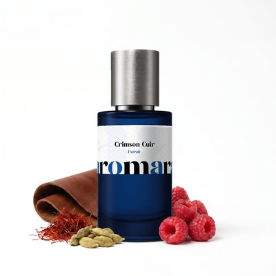 Crimson Cuir 35% Extrait perfume by Aromara, inspired by Maison Crivelli Cuir Infrarouge. Saffron, bergamot, cardamom, leather, raspberry, birch, patchouli, amber, musk. UK-made dupe, 7+ hour wear.