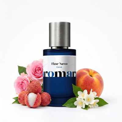 Fleur Narco 35% Extrait perfume by Aromara, inspired by Ex Nihilo Fleur Narcotique. Lychee, bergamot, peach, rose, jasmine, orange blossom, white musk, pink pepper. UK-made dupe, 7+ hour wear.