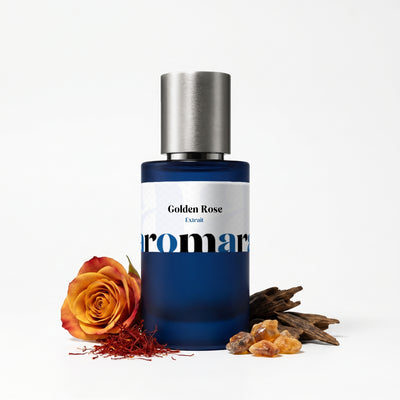 Golden Rose 35% Extrait perfume by Aromara, inspired by Armani Rose d'Arabie. Rose, saffron, oud, patchouli, amber, musk, vanilla. UK-made dupe, 7+ hour wear.