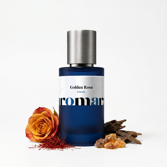 Golden Rose 35% Extrait perfume by Aromara, inspired by Armani Rose d'Arabie. Rose, saffron, oud, patchouli, amber, musk, vanilla. UK-made dupe, 7+ hour wear.