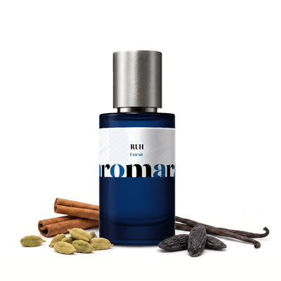 RUH 35% Extrait perfume by Aromara. Cardamom, cinnamon, tonka bean, amber, nutmeg, vanilla, sandalwood, musk. UK-made, 7+ hour wear.