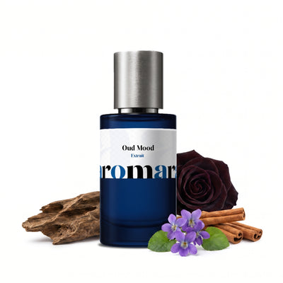 Oud Mood 35% Extrait perfume by Aromara, inspired by Maison Francis Kurkdjian Oud Satin Mood. Oud, rose, amber, cinnamon, violet, benzoin, musk, leather. UK-made dupe, 7+ hour wear.