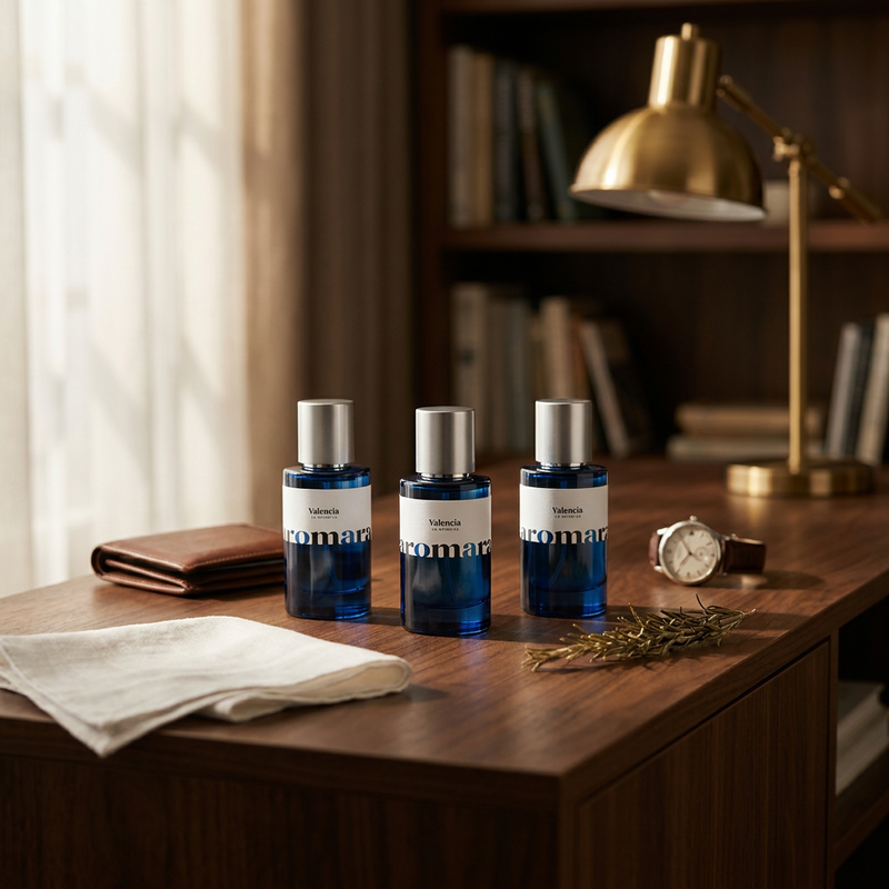 Aromara Father's Day Gift Bundle hero photo, three real Aromara perfume bottles styled like a Mr Porter editorial on walnut dressing table