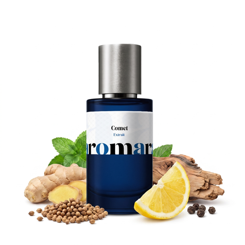 Comet 35% Extrait perfume by Aromara, inspired by Louis Vuitton Meteore. Coriander, citrus, ginger, peppermint, cedarwood, musk. UK-made dupe, 7+ hour wear.