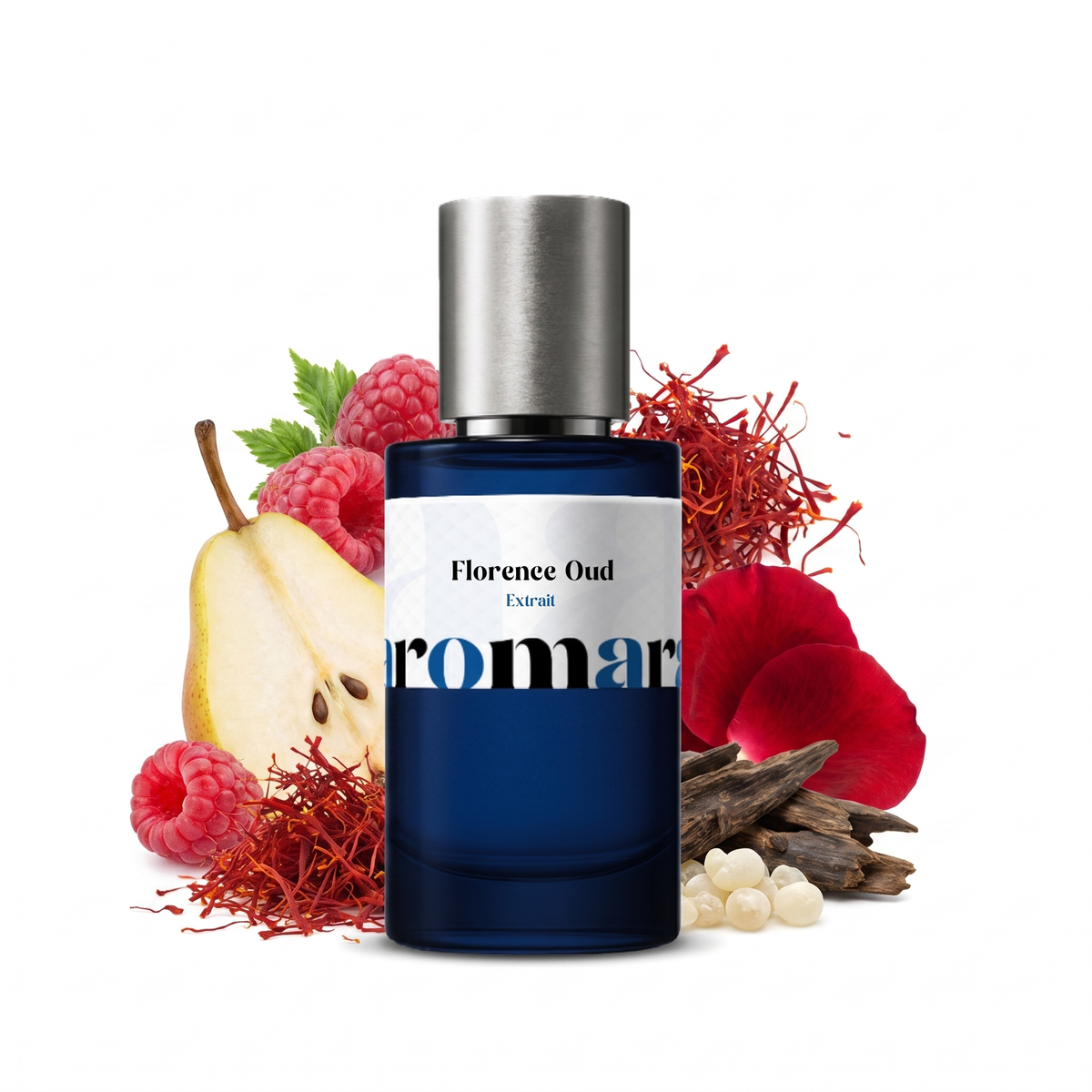 Florence Oud 35% Extrait perfume by Aromara, inspired by Gucci Intense Oud. Raspberry, pear, saffron, damask rose, agarwood, frankincense. UK-made dupe, 7+ hour wear, 60-day refund.