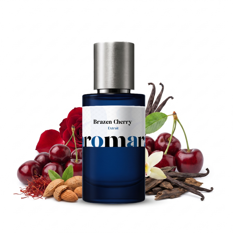 Brazen Cherry 35% Extrait perfume by Aromara, inspired by Fragrance Du Bois Rude Cherry. Dark cherry, bitter almond, saffron, rose, agarwood, vanilla. UK-made dupe, 7+ hour wear, 60-day refund.