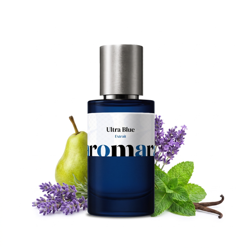 Ultra Blue 35% Extrait perfume by Aromara, inspired by JPG Ultra Male. Pear, lavender, vanilla. UK-made dupe, 7+ hour wear.