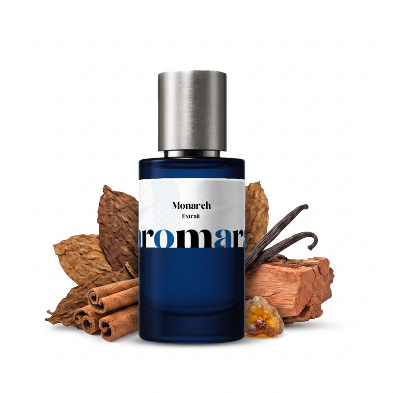 Monarch 35% Extrait perfume by Aromara, warm tobacco leaf, cinnamon, vanilla, cedar and labdanum, UK-made dupe, 7+ hour wear, 60-day refund