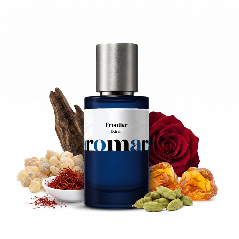 Frontier 35% Extrait perfume by Aromara, frankincense, saffron, rose, oud, UK-made dupe, 7+ hour wear, 60-day refund